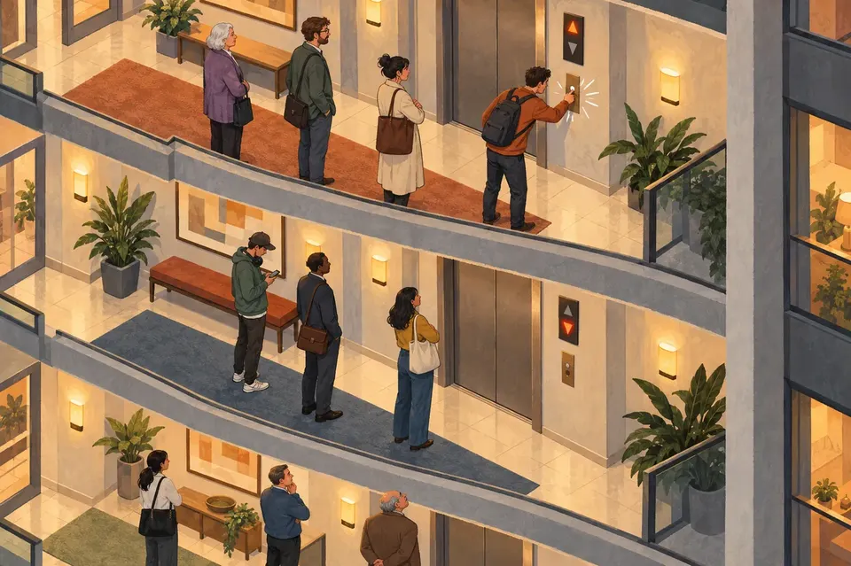 People waiting at the Building 104 elevators